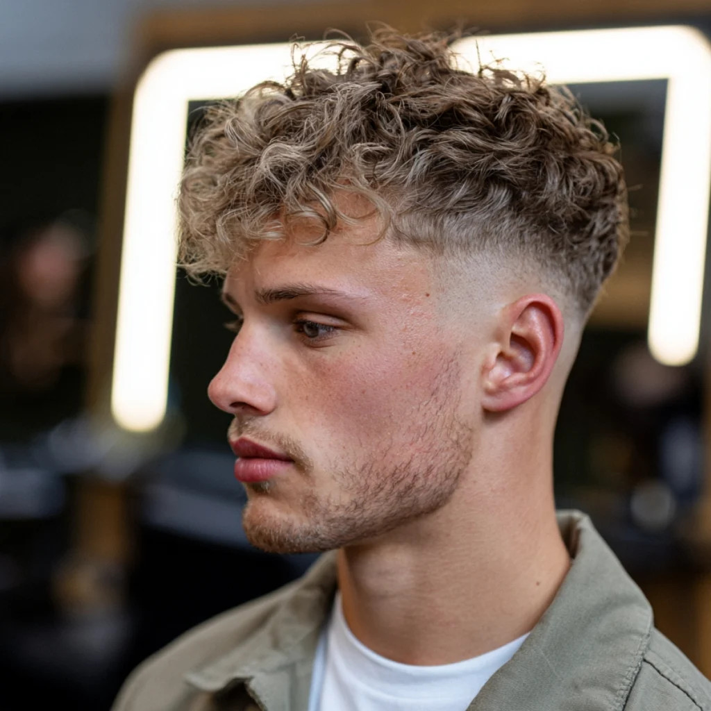 Tousled Curly Top With Highlights — Taper Fade Curly Hair