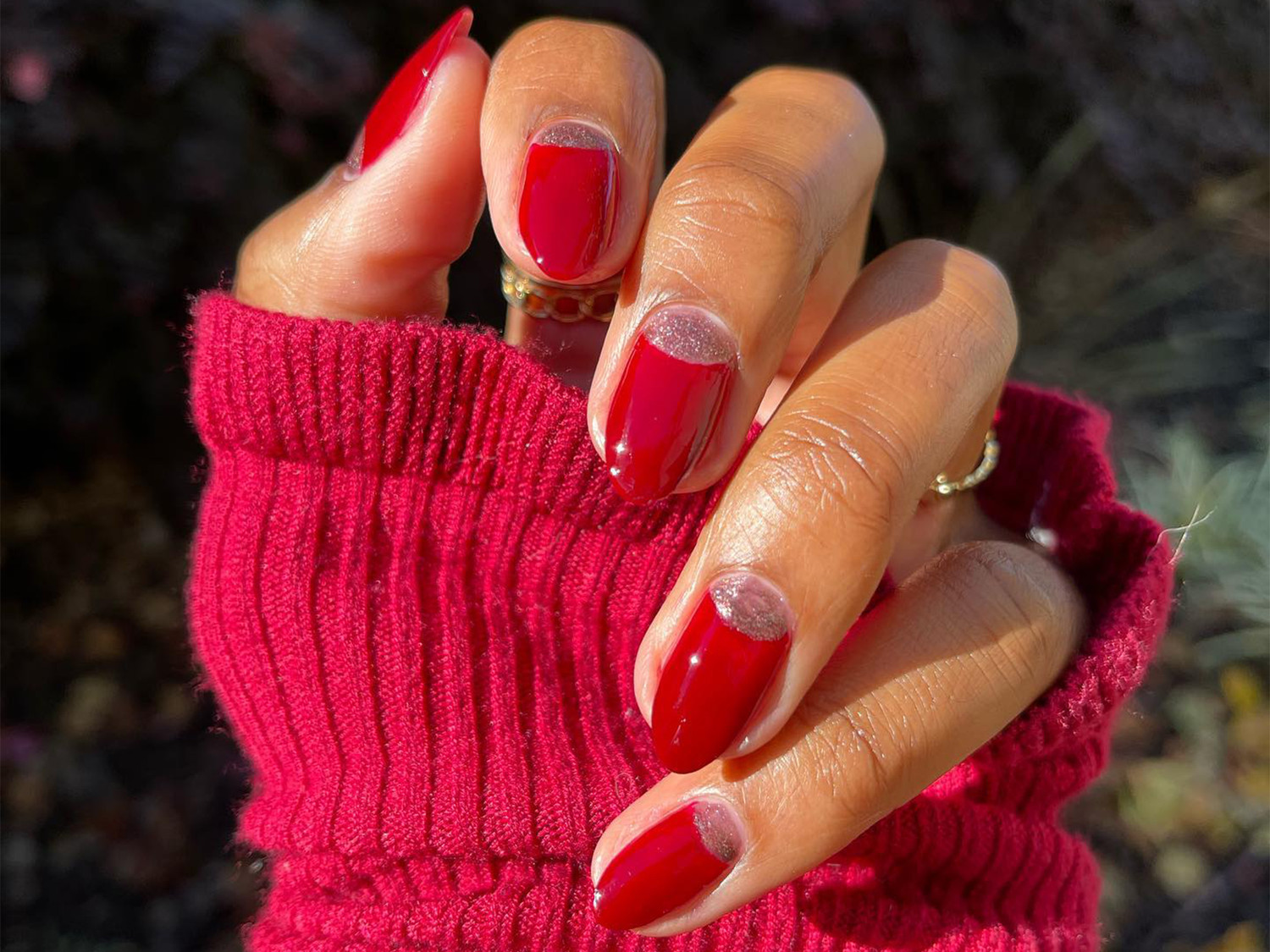 Half-Moon Design With Glitter On Cuticle Visual Idea — Nails for Mature Hands