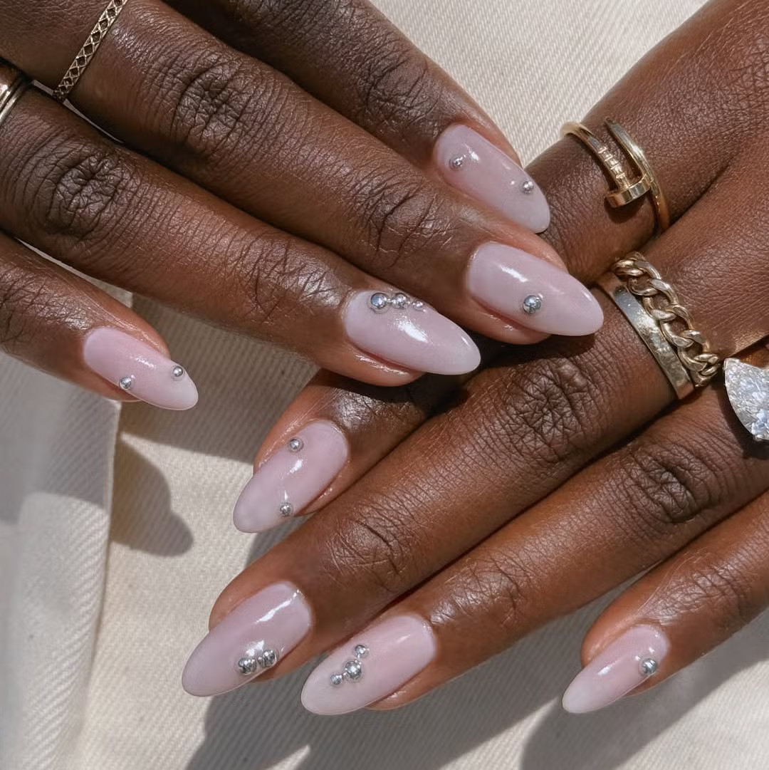 Sheer Pink with Silver Bead Embellishments — Nails for Mature Hands