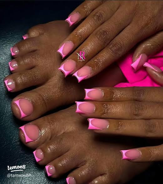 Glossy Vibrant Pink French Tip Medium Square Toes Glossy Vibrant Pink French Tip Medium Square Toes — Matching Nails and Toes