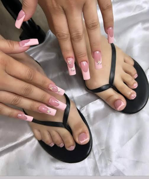 Pale Pink French Tip with Gold Charms Pale Pink French Tip with Gold Charms — Matching Nails and Toes