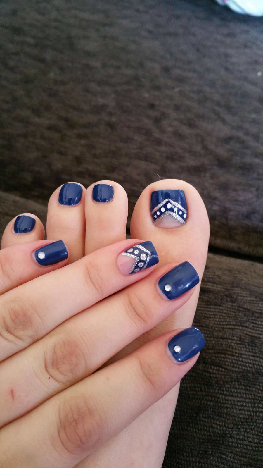 Deep Navy with Silver Chevron and Glitter Tip Deep Navy with Silver Chevron and Glitter Tip — Matching Nails and Toes