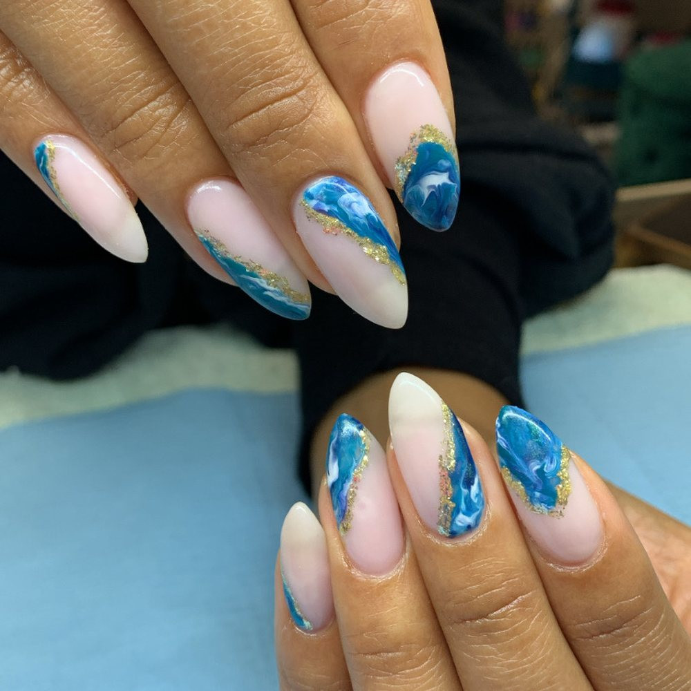 Blue Marble French Mix Almond Overlay Nails Blue Marble French Mix Almond Overlay Nails