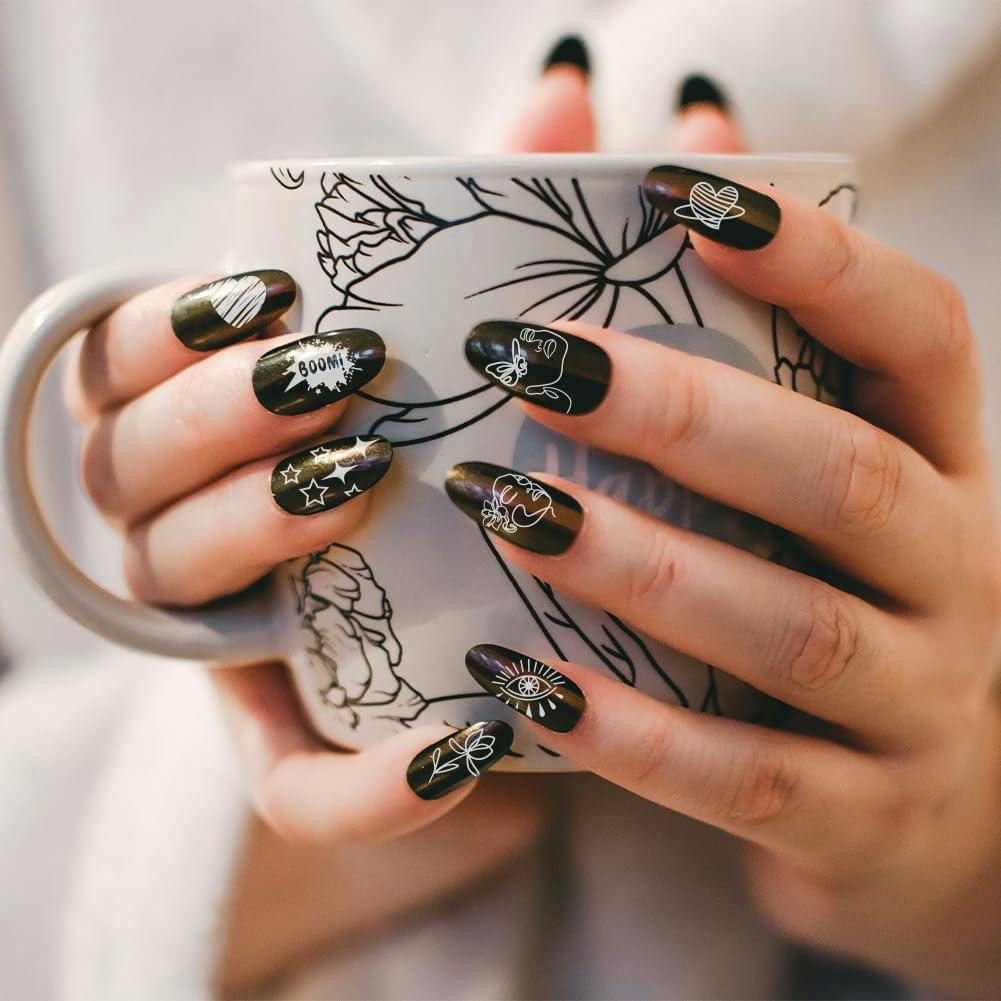 Playful White Line Art on Metallic Brown Playful White Line Art on Metallic Brown — Stamping Nails