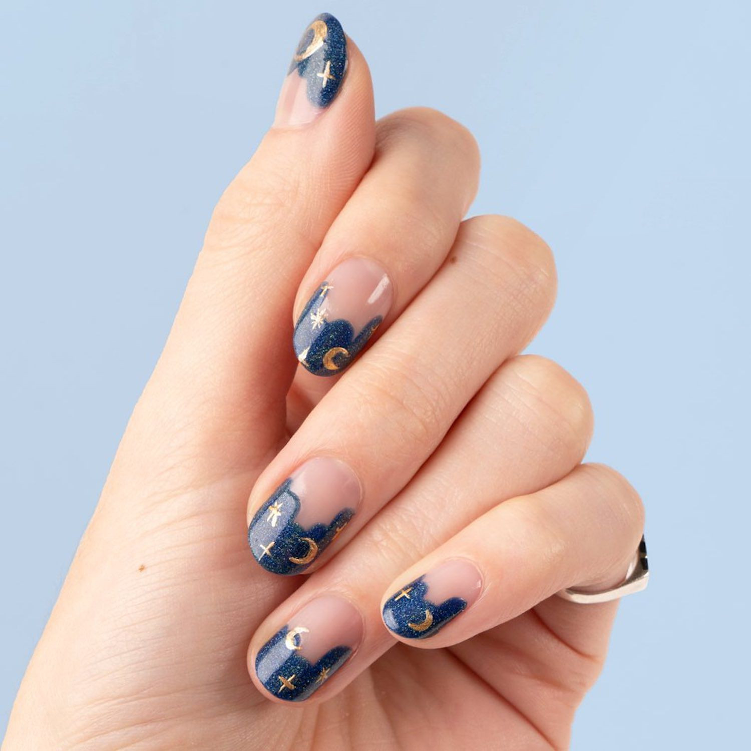 Glossy With Glitter Visual Idea Glossy With Glitter Visual Idea — Moon and Stars Nails