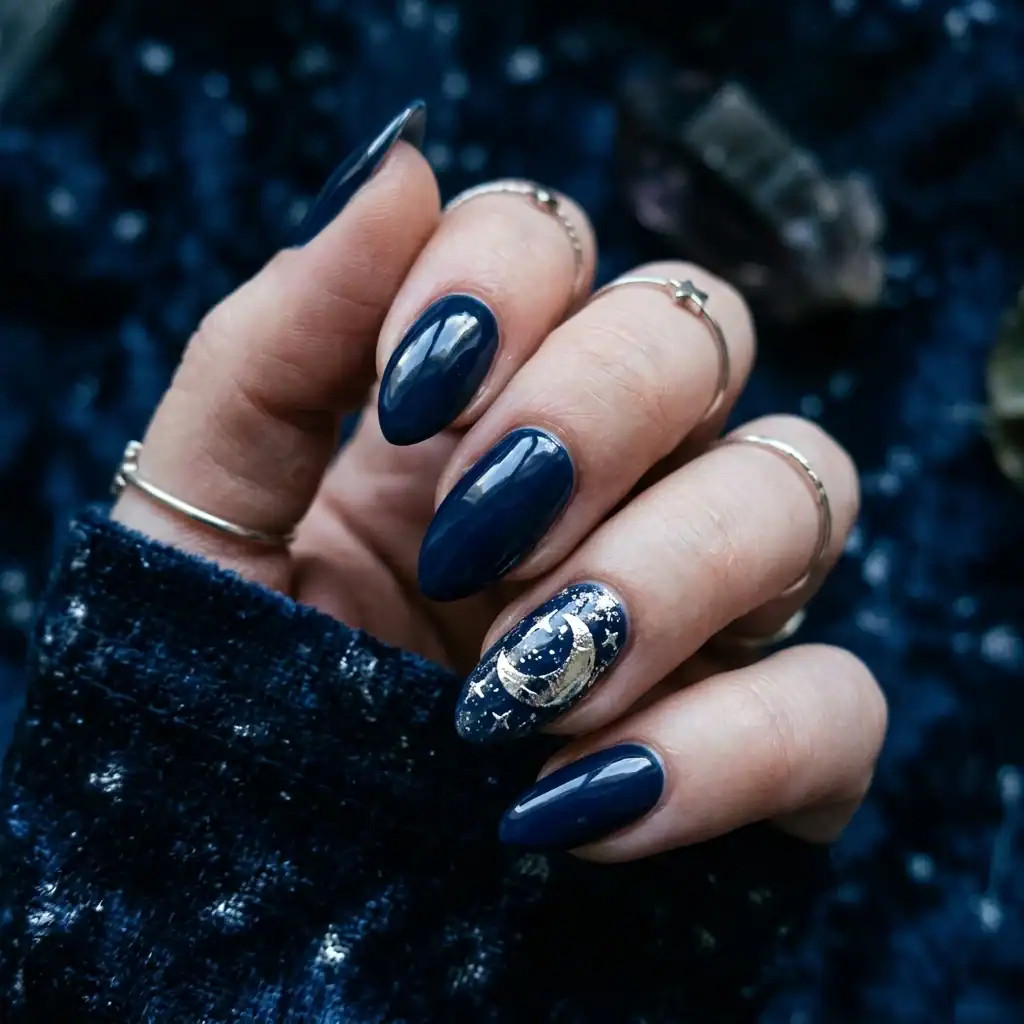 Deep Navy Blue Visual Idea Deep Navy Blue Visual Idea — Moon and Stars Nails