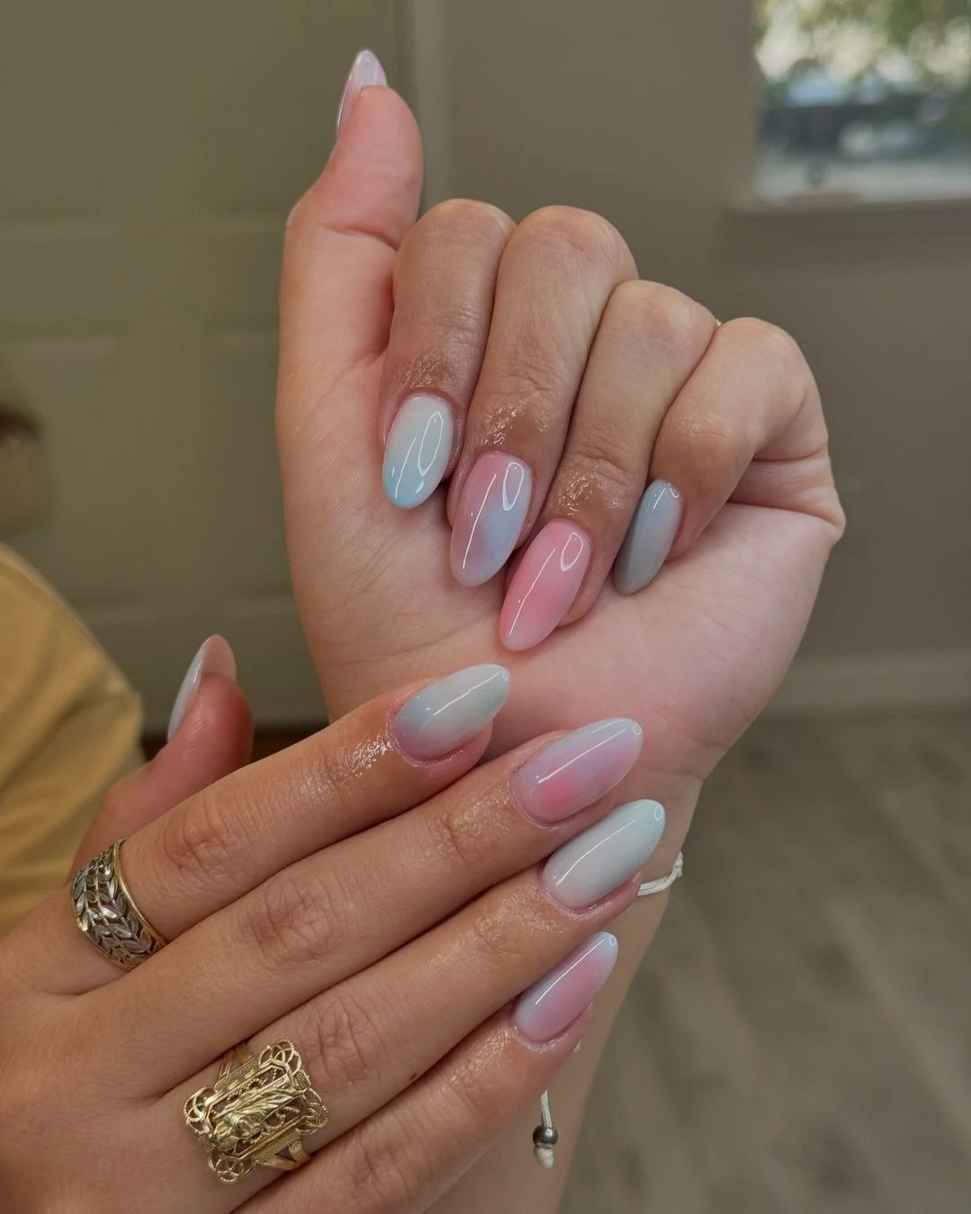 Soft Pink Blue White Gradient Soft Pink Blue White Gradient — Gender Reveal Nails