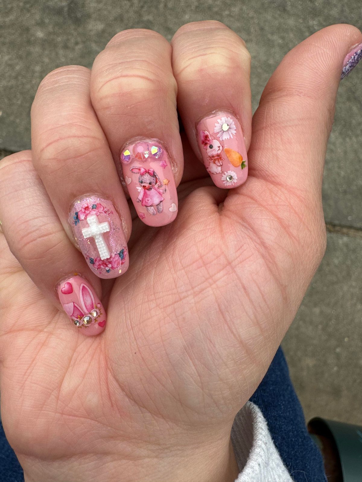 Rhinestone Cross and Easter Bunny Almond Nails Rhinestone Cross and Easter Bunny Almond Nails — Church Nails