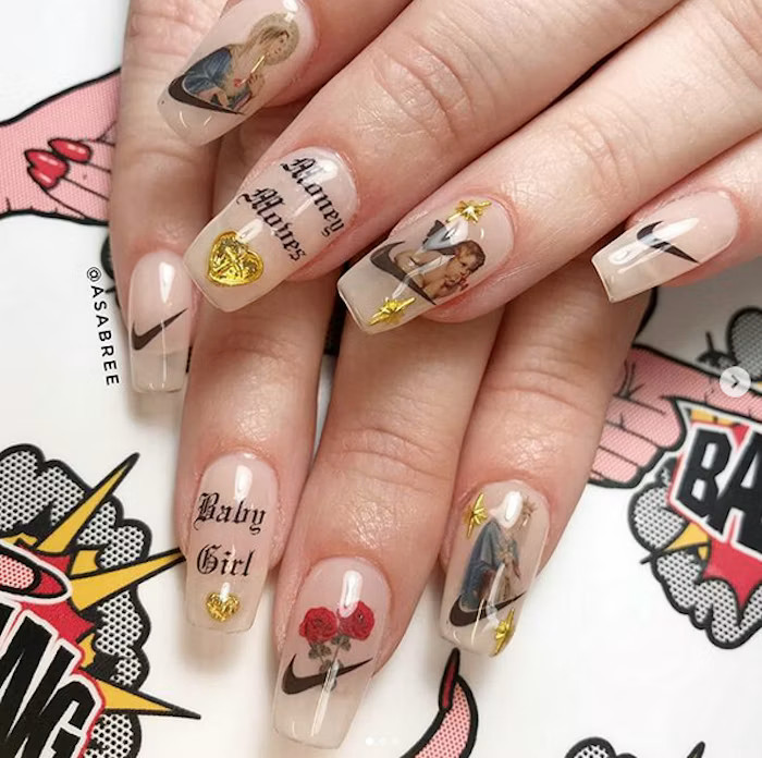 Clear Coffin Decal and Gold Charm Nails Clear Coffin Decal and Gold Charm Nails — Church Nails