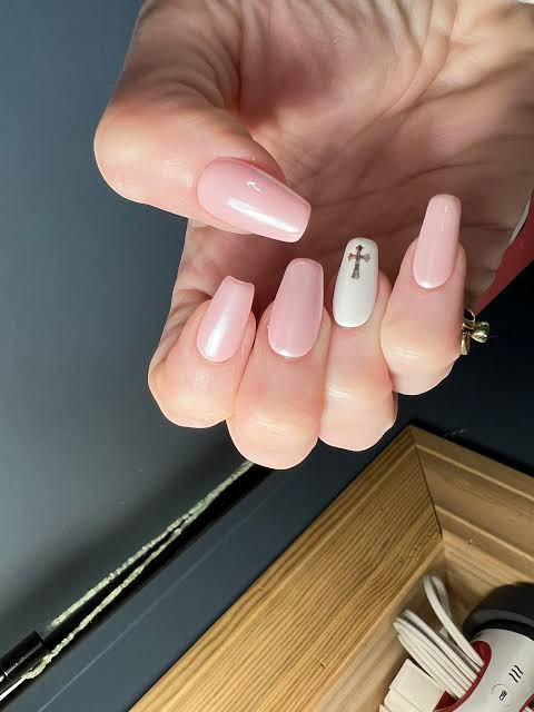 Pale Pink and Silver Cross Coffin Nails Pale Pink and Silver Cross Coffin Nails — Church Nails