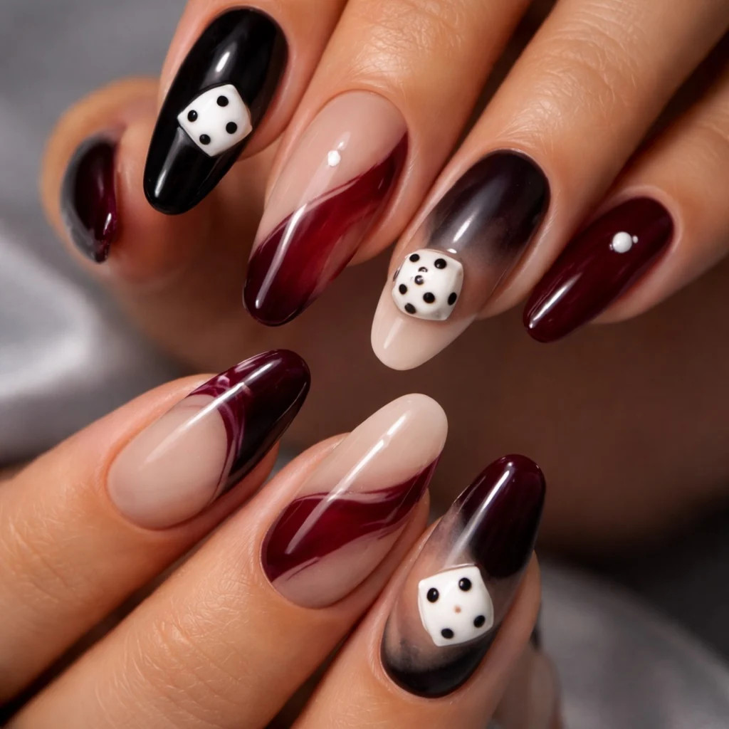 3D Dice Charm Ombre Almond Nails 3D Dice Charm Ombre Almond Nails — Vegas Nails