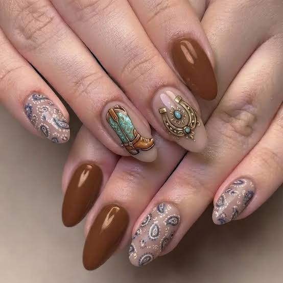 Hand-Painted Western Mix Almond Hand-Painted Western Mix Almond — Nashville Nails