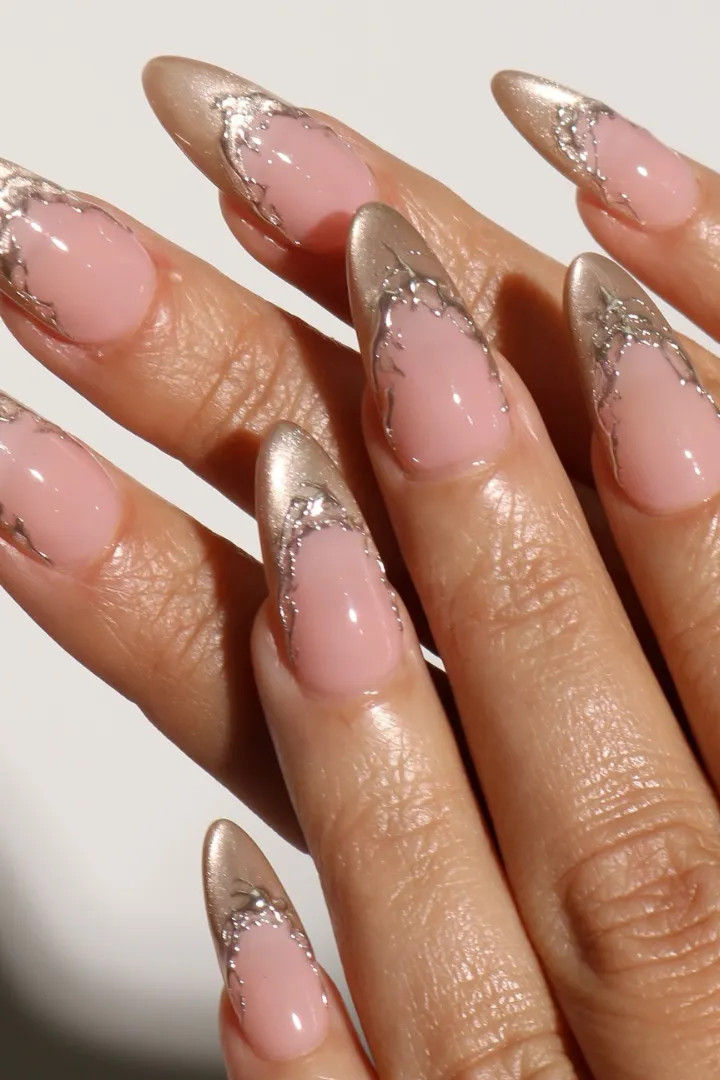 Long Stiletto Champagne French with Silver Foil Long Stiletto Champagne French with Silver Foil — Photoshoot Nails
