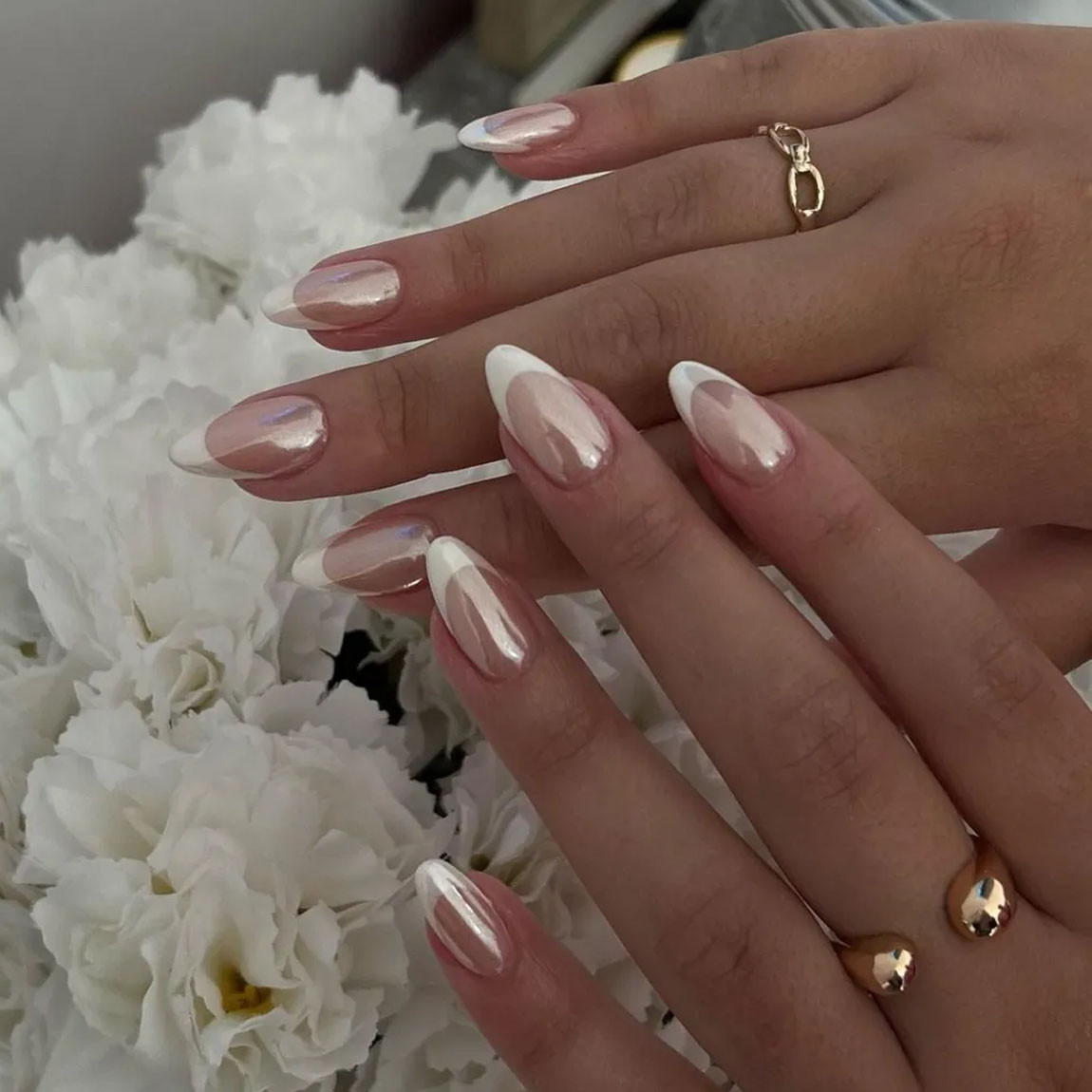 Pearlescent Chrome French Almond Nails — Anniversary Nails