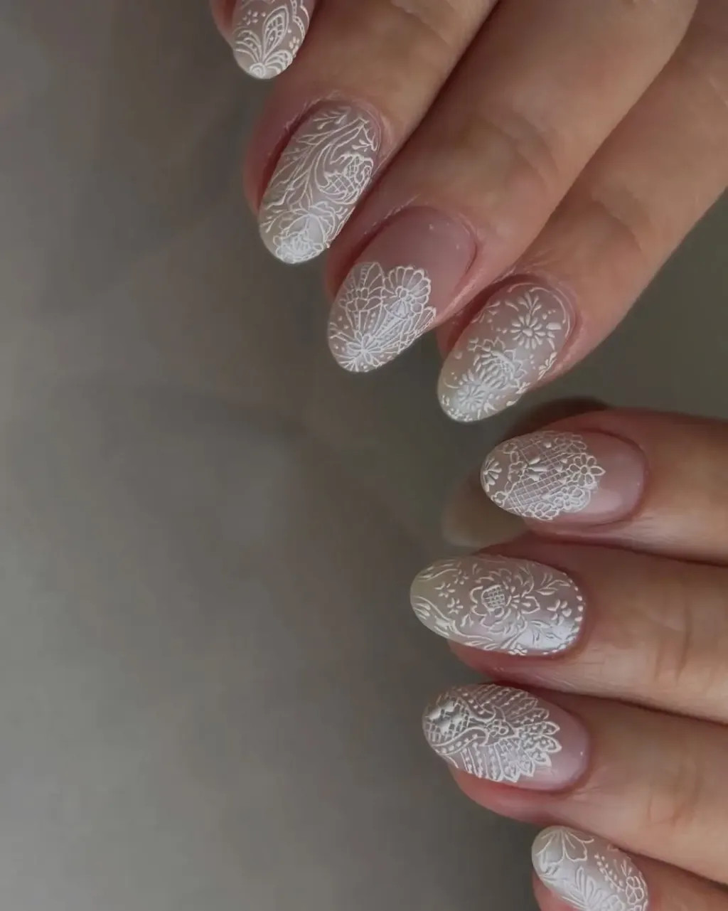 Intricate White Lace Oval Nails — Anniversary Nails