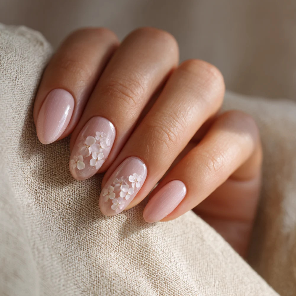 Pale Pink Almond with 3D Floral Appliques Pale Pink Almond with 3D Floral Appliques — Bridal Shower Nails
