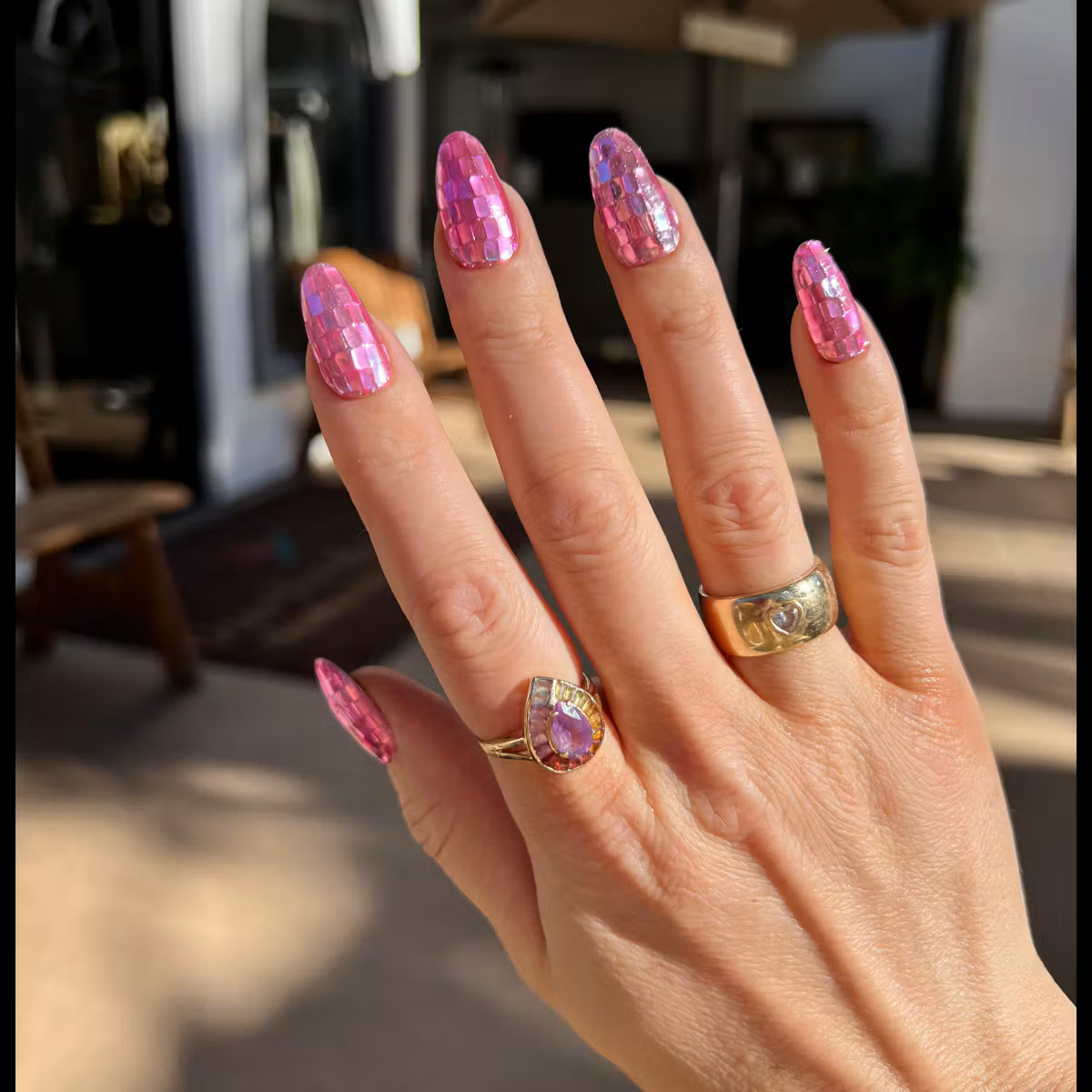 Bright Pink Mosaic Stiletto Nails — Festival Nails