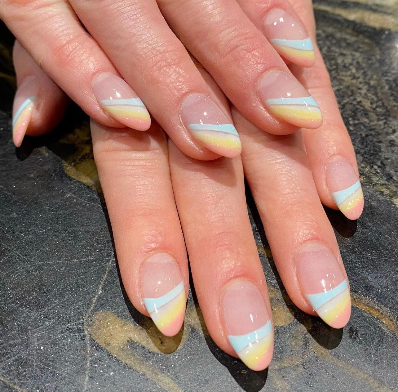 Pastel Diagonal Stripe Almond Nails Pastel Diagonal Stripe Almond Nails — Gym Nails