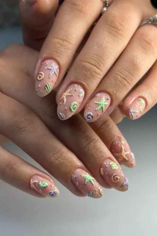 Pastel Seashell Charm Oval Nails Pastel Seashell Charm Oval Nails — Volleyball Nails