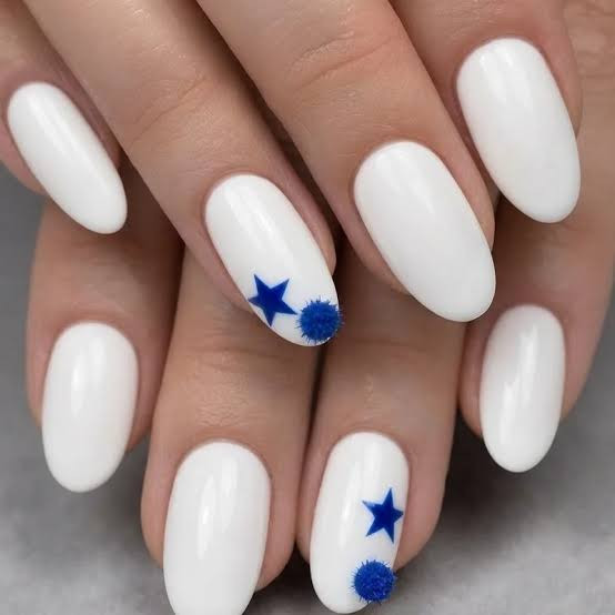 White with Blue Stars & Pom-Poms White with Blue Stars & Pom-Poms — Cheer Mom Nails