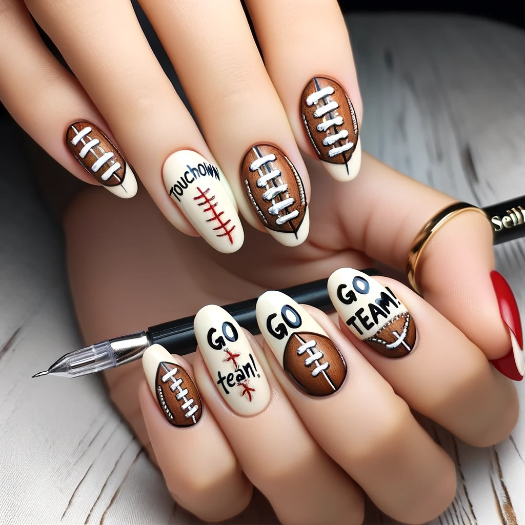 Cream Football & 'GO TEAM!' Nails Cream Football & 'GO TEAM!' Nails — Cheer Mom Nails
