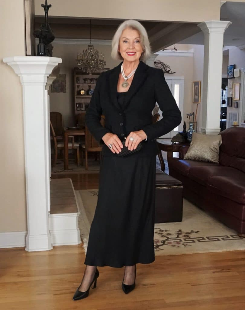 Monochromatic Black Ensemble with Blazer and Pearls — Black Tie Optional Outfits