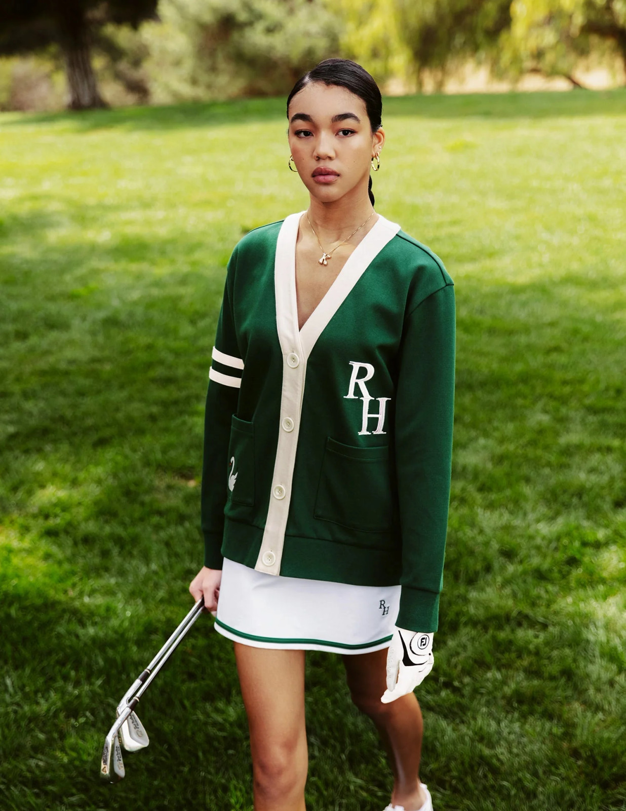 Green Knit Cardigan with Cream Trim — Country Club Casual Outfits