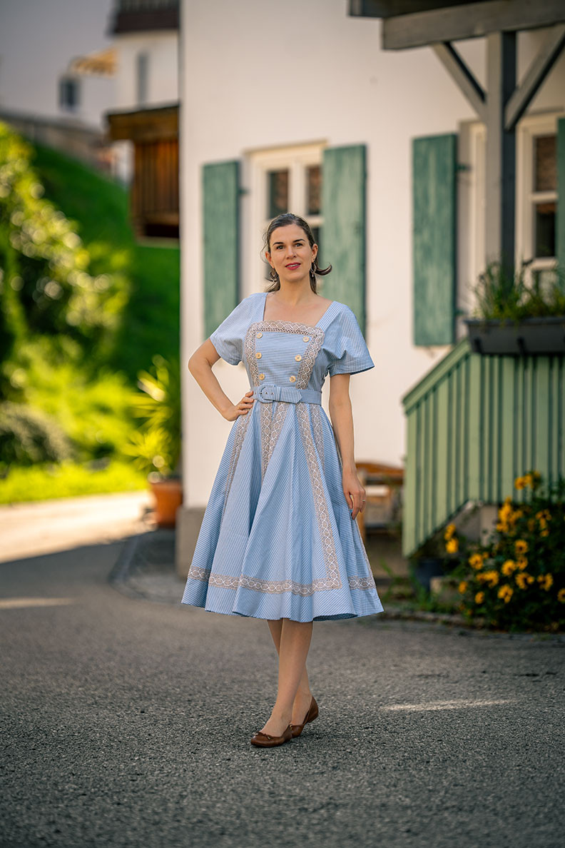 Striped Midi Dress with Puff Sleeves and Ballet Flats Striped Midi Dress with Puff Sleeves and Ballet Flats — Grandmacore Outfits