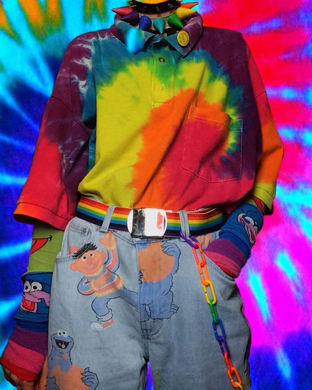 Rainbow Tie-Dye Polo with Character-Adorned Jeans for Playful Expression — Kidcore Outfits