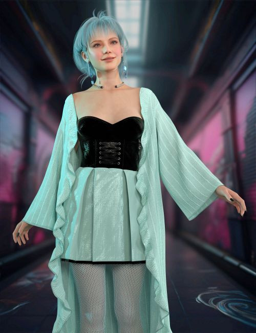 Pastel Kimono Over Black Corset and Mini Dress — Pastel Goth Outfits