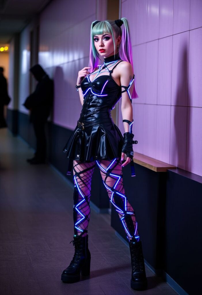 Corset Top and Skirt with Neon Tights for a Rave Aesthetic — Cyber Y2K Outfits