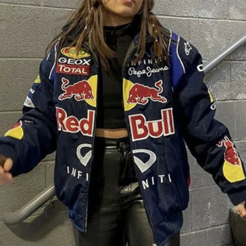 Racing Bomber Jacket Over Turtleneck with Leather Trousers — Cyber Y2K Outfits