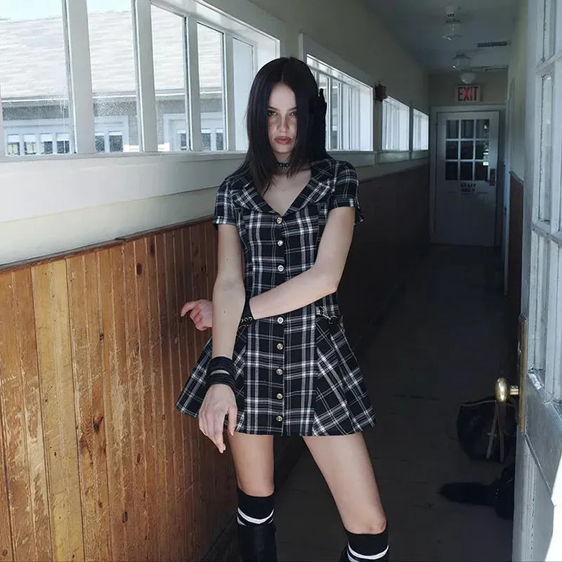 Plaid A-Line Dress with Cyber Y2K Accessories — Cyber Y2K Outfits