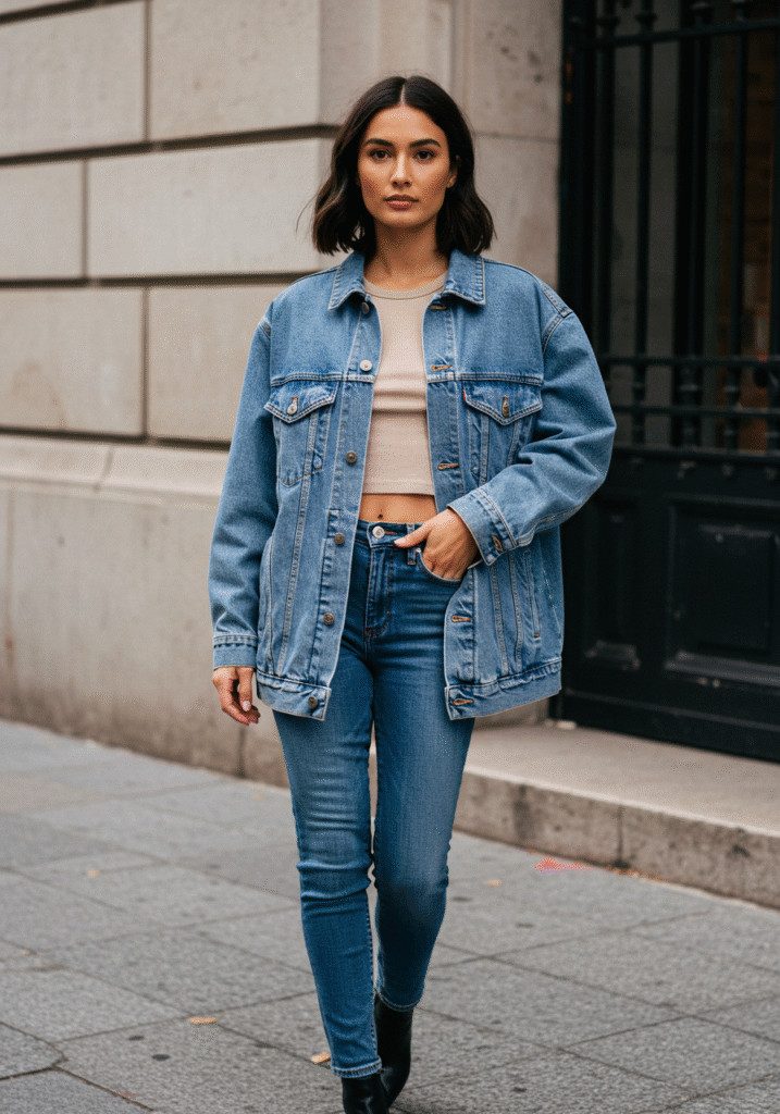 Oversized Denim Jacket Over Cropped Knit Top — Mod Outfits