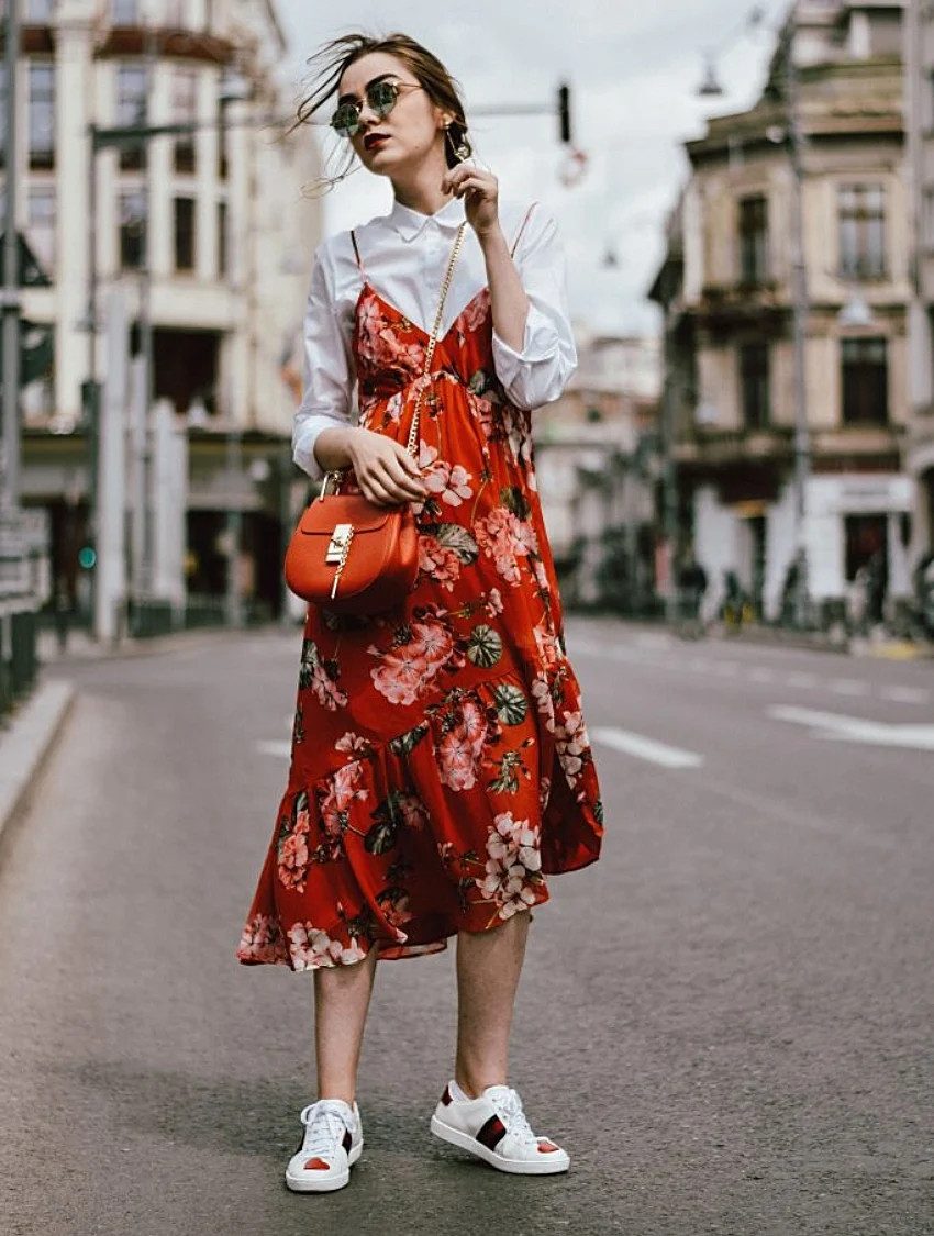 Vibrant Floral Slip Dress Over a Collared Shirt — Mod Outfits