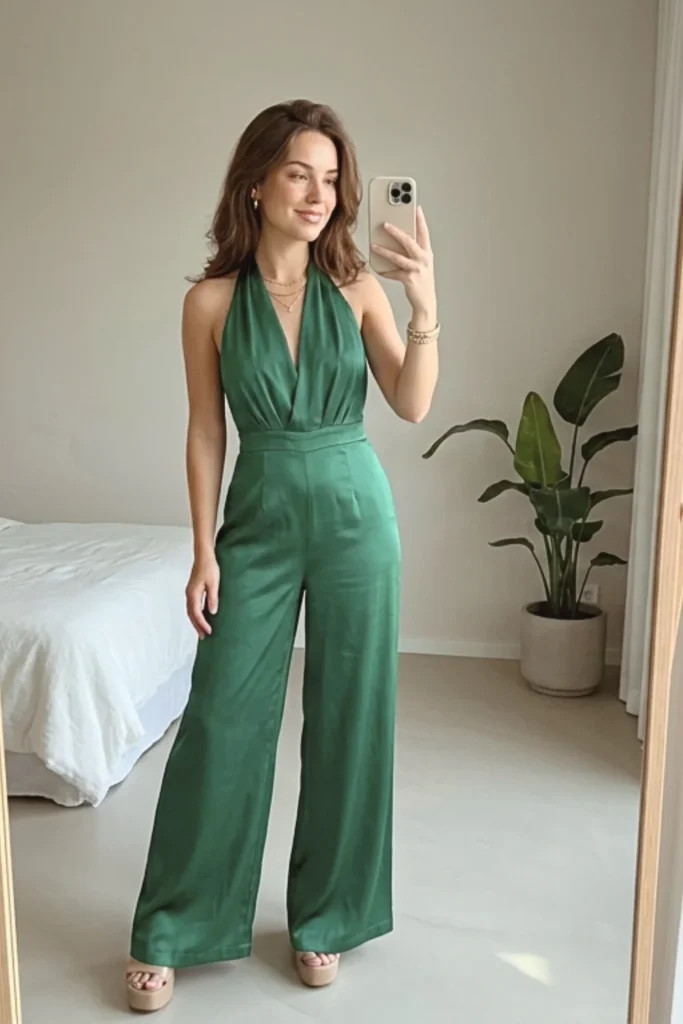 Emerald Green Halter Neck Jumpsuit — Disco Outfits