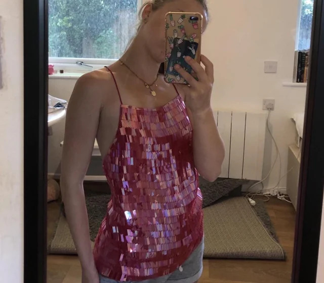 Pink Sequined Camisole with Denim Shorts — Disco Outfits