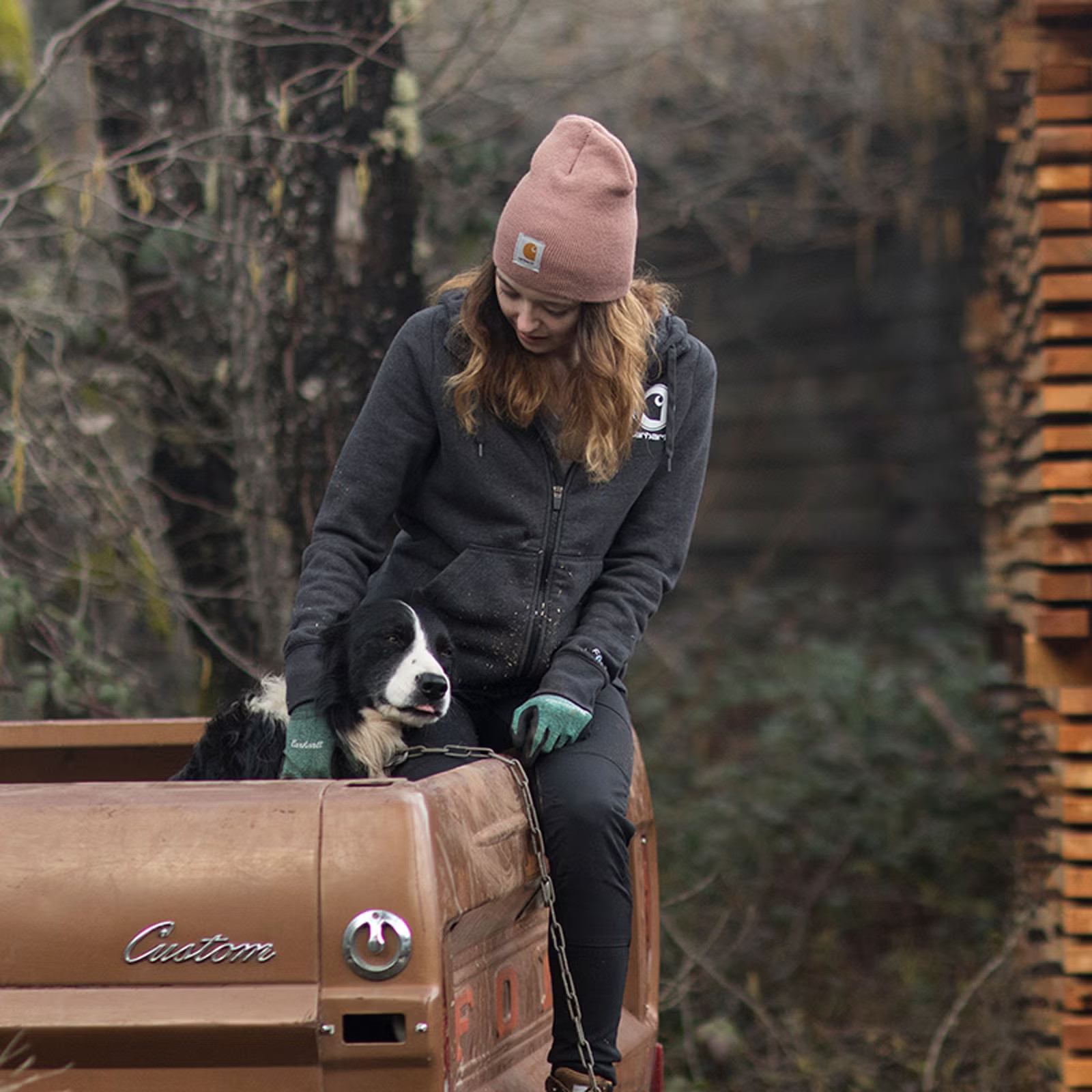 Charcoal Zip-Up Hoodie with Work Trousers and Beanie — Carhartt Outfits