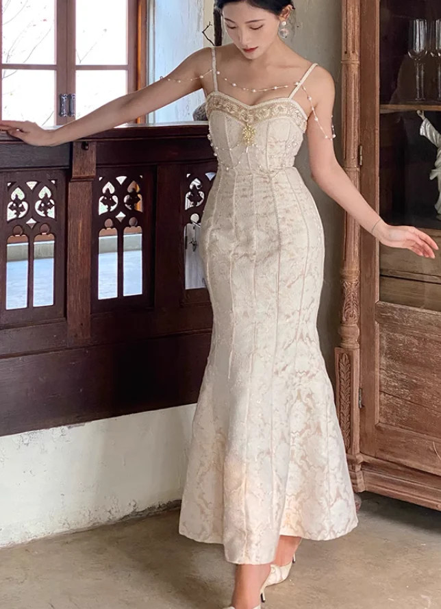 Cream Brocade Mermaid Dress with Pearl Embellishments — Royalcore Outfits