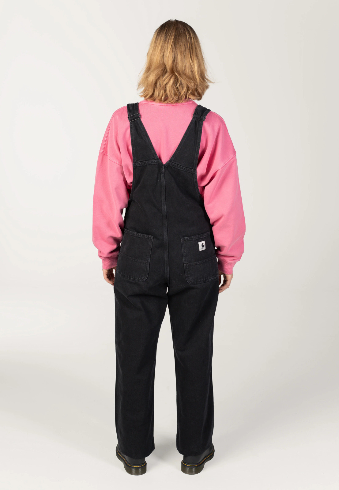 Black Denim Overalls with Bright Pink Sweatshirt — Carhartt Outfits