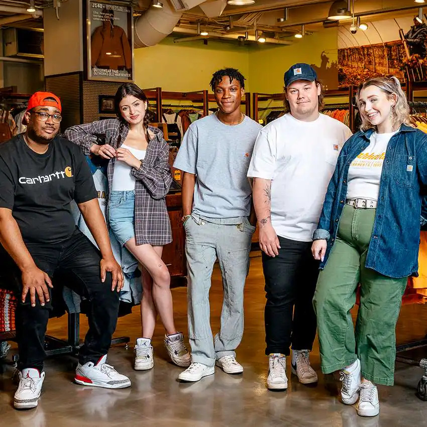 Grey Work Pants with Denim Shirt and Baseball Cap — Carhartt Outfits