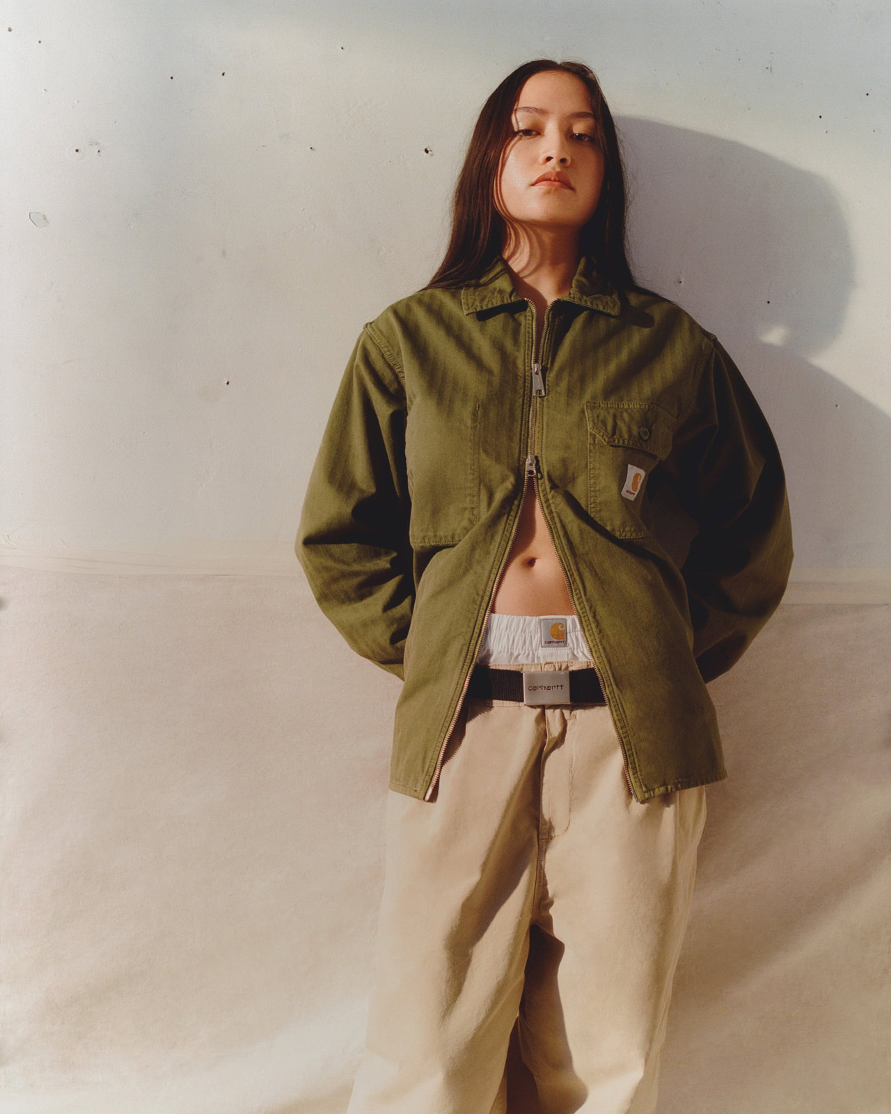 Olive Green Zip-Up Jacket with Wide-Leg Trousers — Carhartt Outfits
