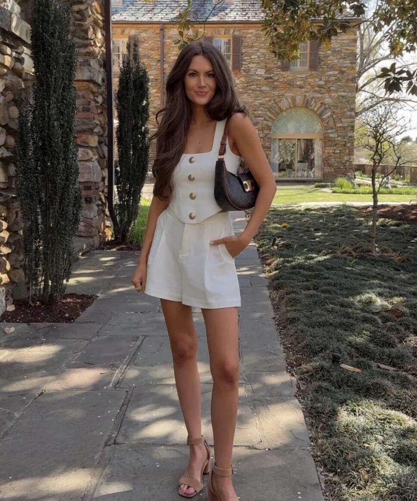 White Linen-Blend Vest and Shorts Set for Daytime Sophistication White Linen-Blend Vest and Shorts Set for Daytime Sophistication — Wine Tasting Outfits