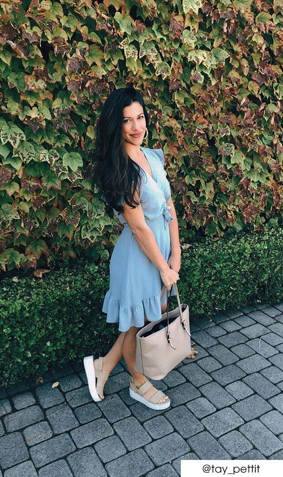 Light Blue Wrap Dress with Ruffled Hem for a Feminine Touch Light Blue Wrap Dress with Ruffled Hem for a Feminine Touch — Wine Tasting Outfits