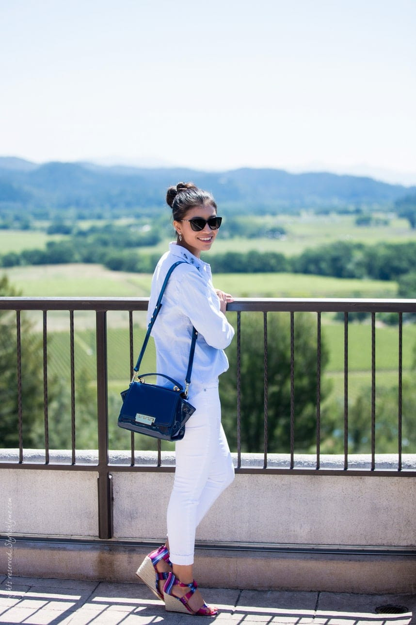 White Skinny Jeans and Blue Shirt with Colorful Wedges White Skinny Jeans and Blue Shirt with Colorful Wedges — Wine Tasting Outfits