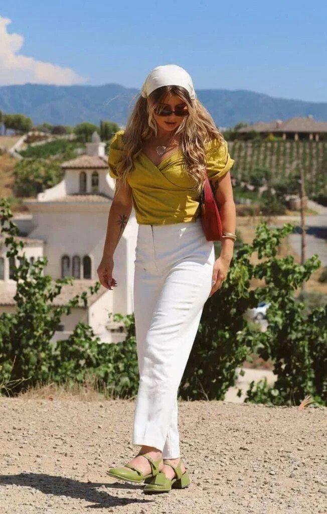 Yellow Satin Wrap Top with White Trousers for a Bright Wine Day Yellow Satin Wrap Top with White Trousers for a Bright Wine Day — Wine Tasting Outfits