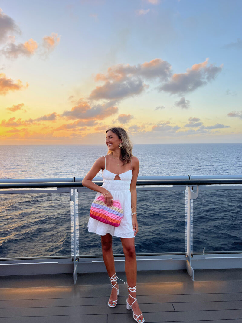 White Eyelet Mini Dress with Multi-Colored Clutch White Eyelet Mini Dress with Multi-Colored Clutch — Cruise Formal Night Outfits