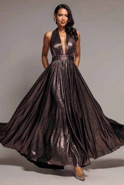 Bronze Metallic Halter Gown with Silver Pumps Bronze Metallic Halter Gown with Silver Pumps — Cruise Formal Night Outfits
