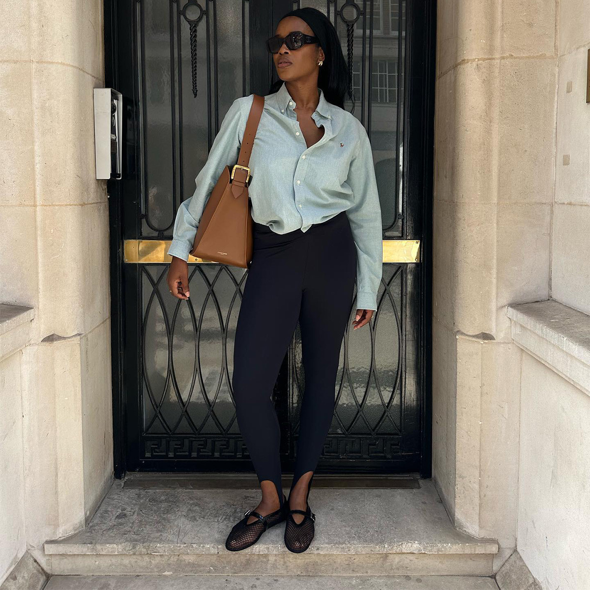 Athleisure Ensemble: Button-Down Shirt and Stirrup Leggings Athleisure Ensemble: Button-Down Shirt and Stirrup Leggings — Ballet Outfits