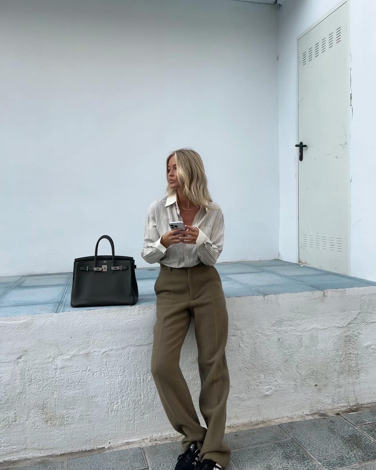 Striped Button-Down and Wide-Leg Trousers for Business Casual — Conference Outfits